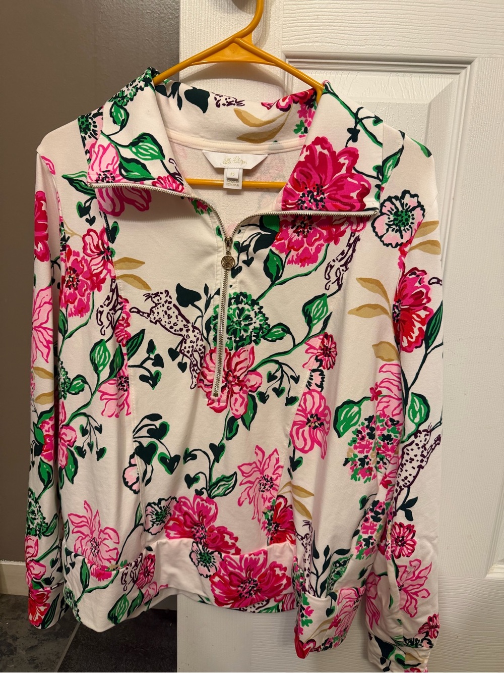 Lilly Pulitzer Cream Floral Half-Zip Sweater with Pink & Green Blooms